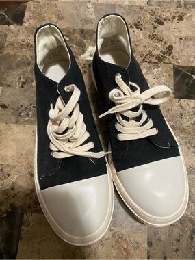 Rick Owens Black Canvas Low-Top Sneakers with Cream Laces and White Toe Caps